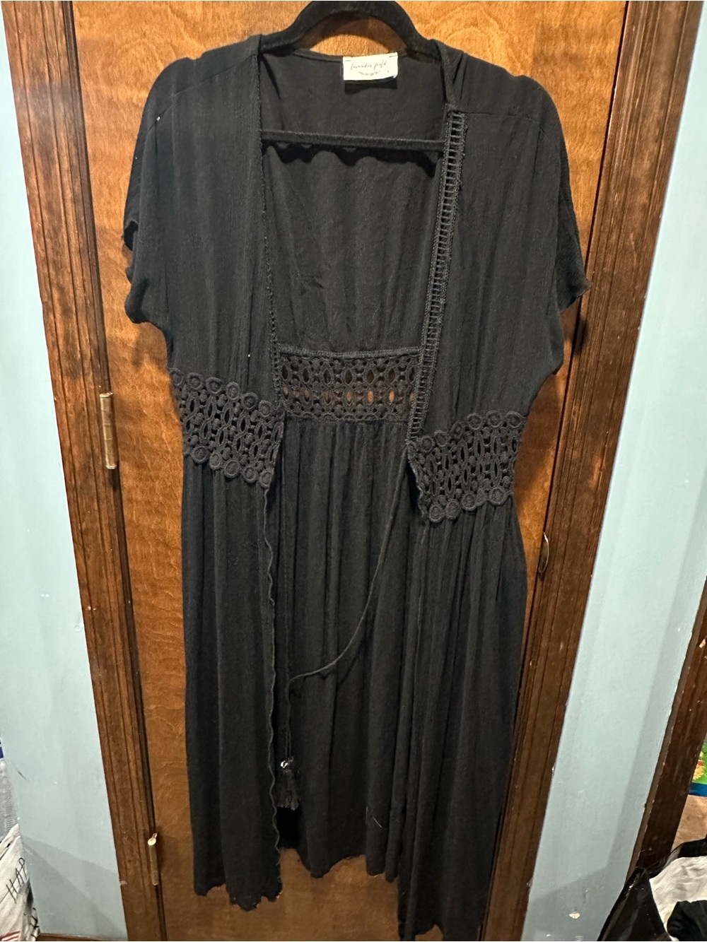 Black Boho Kimono Duster Crochet Waist Tassel Beach Cover Up Size L